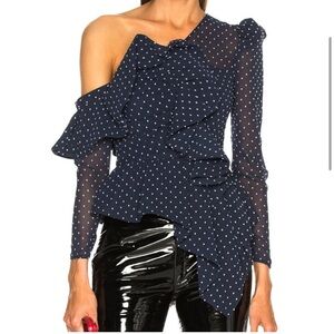 Self-Portrait Plumetis Frilled Top Blouse Ivory Polka Dot Navy Blue Size US 8